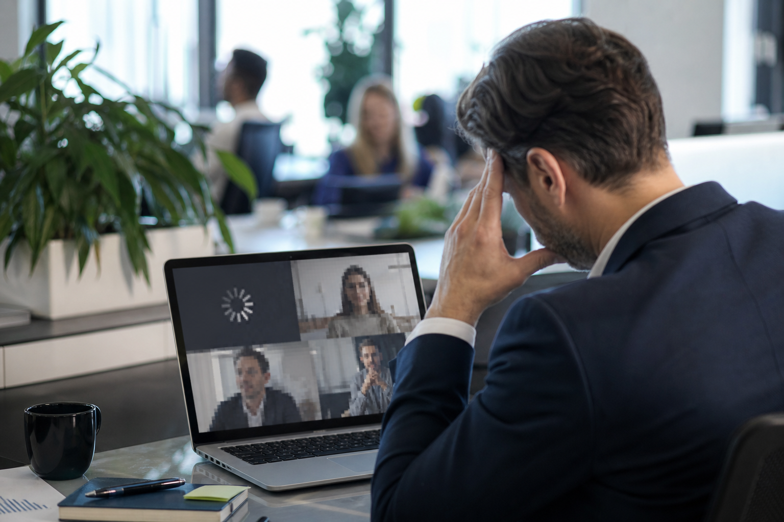Office worker on a video call affected by slow copper-based business internet