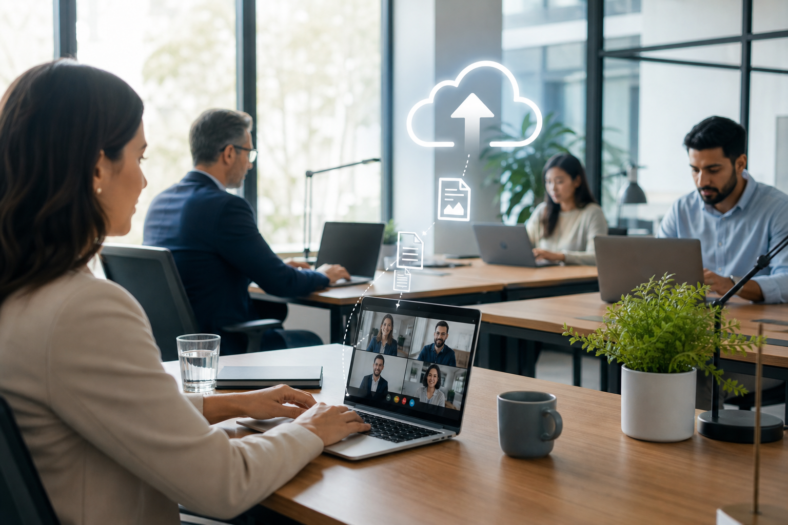 Commercial team using cloud backup and video meetings on reliable fibre
